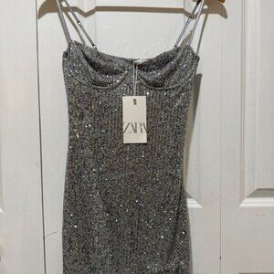 ZARA NWT Women’s Silver Sequin Mini Spaghetti Strap Dress Size S Underwire